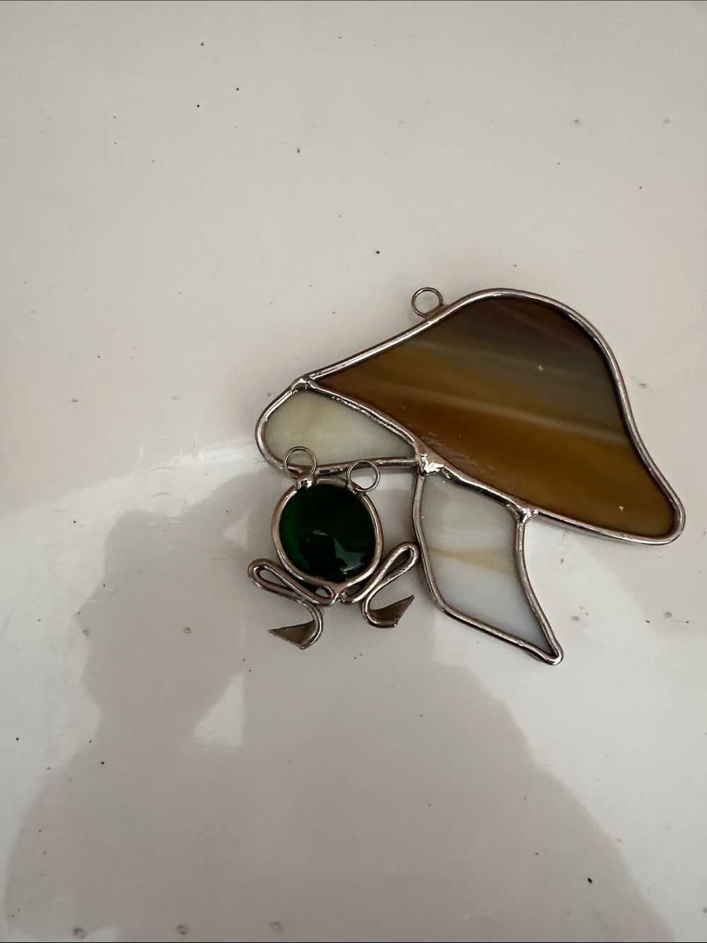 Vintage Handcrafted Brown and White Stained Glass Mushroom Pendant with Green Ac